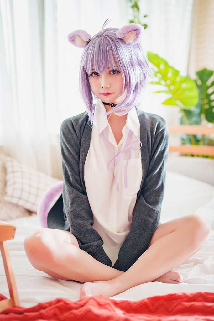 沖田凜花Rinka Okayu（猫又小粥）cosplay紫发兽耳白内衣缩略图1