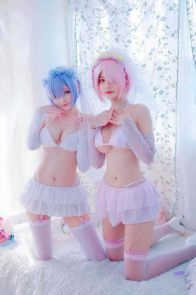 Azami&Hidori Rose 从零开始的异世界生活Ram（雷姆）cosplay粉蓝发婚纱内衣缩略图2