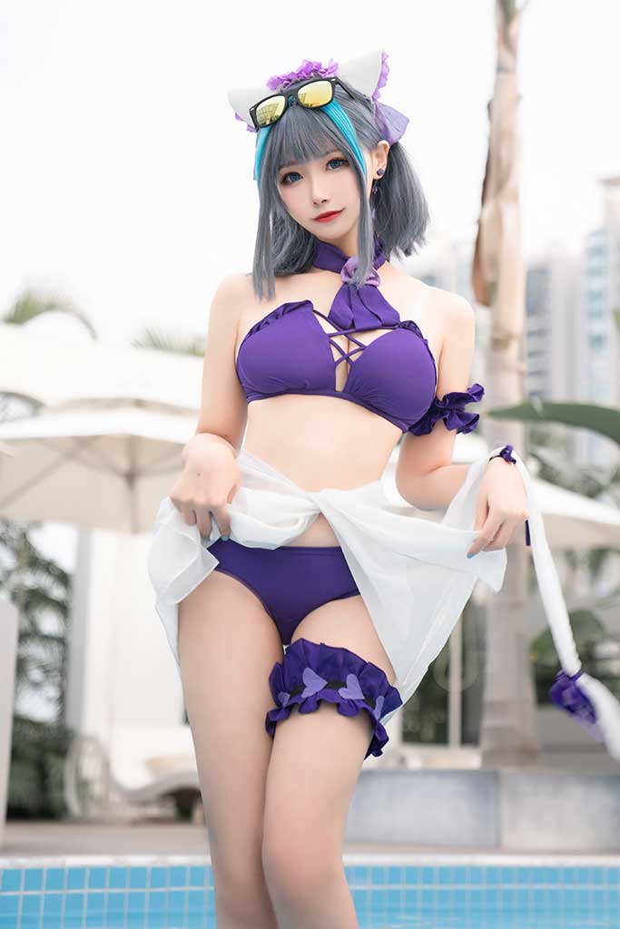 Momoko葵葵 碧蓝航线Cheshire（柴郡）cosplay紫泳装缩略图2