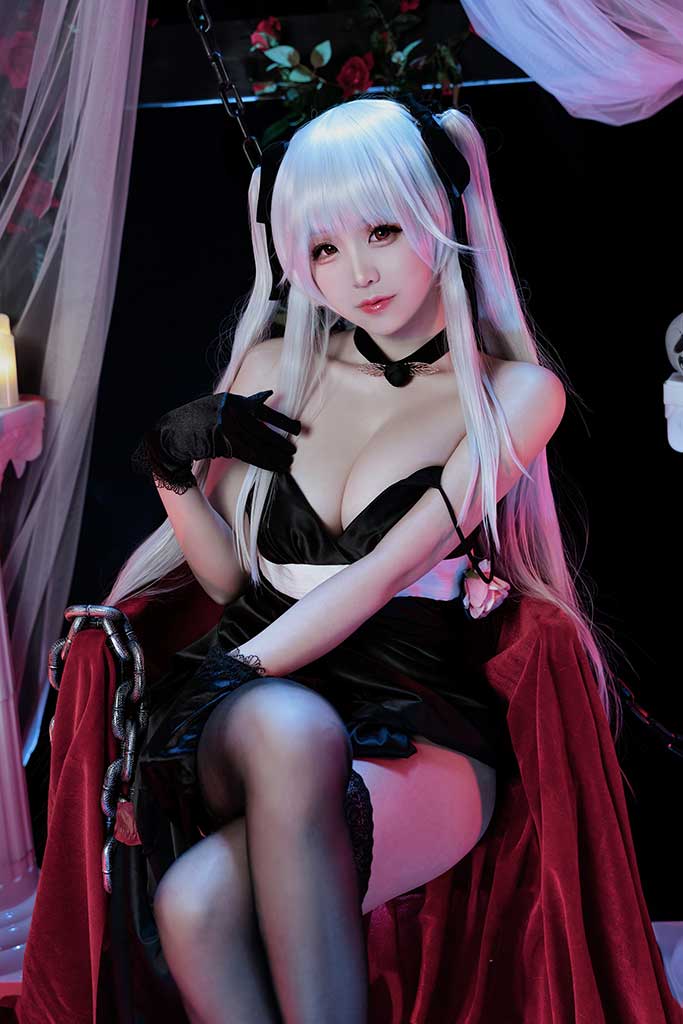 miko酱ww 美少女万华镜 篝之雾枝cosplay银发黑裙黑内衣黑丝黑高跟缩略图1